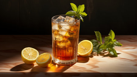 a refreshing cocktail featuring lemon and mint is beautifully presented on a marble table. the dark brown and light brown color scheme adds an elegant touch to the image. captured using traditional techniques reimagined with a fujifilm pro 400h film, the 32k uhd photograph showcases a smokey background, creating a captivating atmosphere. this stunning composition is the work of photographer jordan grimmer, with an addedの素材