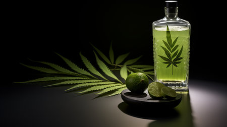 a white bottle featuring marijuana leaves and a lime is captured in this dark and moody still life photograph by john walker. the image showcases an exotic and richly layered composition, enhanced with post-processing techniques that create transparent layers. this high-quality photo beautifully combines elements of nature and artistry. ai generatedの素材