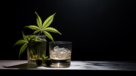 a glass filled with ice and a marijuana leaf floating in it, featuring a color scheme of dark navy and light green. this uhd image captures the artistic style of carsten holler, known for his neo-concrete approach. the composition showcases traditional craftsmanship and precisionist lines reminiscent of george stubbs' work. ai generatedの素材
