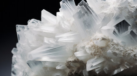 crystals on a black background, reminiscent of mars ravelo's style. the crystals shine in light white and light cyan, showcasing precise detailing and explosive pigmentation. sculpted with ultrafine detail, this photo by michael shainblum captures the mesmerizing beauty of these crystals. ai generatedの素材