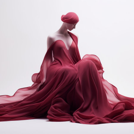 a 2d illustration showcases a stunning red gown, gracefully draping around the body. inspired by the artistic style of mike campau, the illustration features soft tonal transitions and fluid, glass-like sculptures. the monochromatic hues, reminiscent of philippe parreno's work, add depth and intrigue. the soft-focus technique beautifully highlights the intricately sculpted details of the gown. ai generatedの素材
