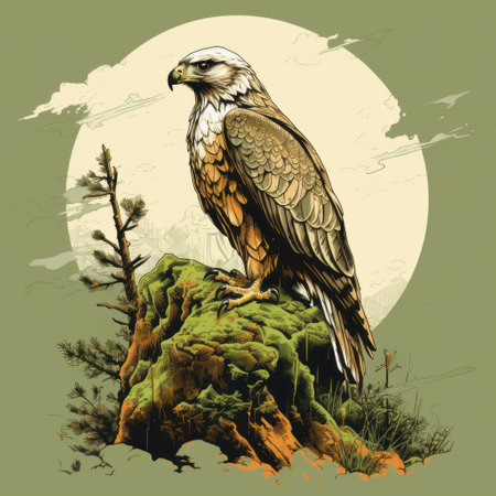 a red-tailed hawk perches on a rock in this psychedelic-style illustration. the traditional landscape features dark beige and green tones, creating a monochromatic composition. the illustration captures the essence of the wilderness, with a combination of light yellow and dark gray hues. ai generatedの素材