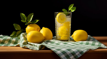 lemonade glasses filled with refreshing lemon slices, ice cubes, and vibrant green leaves. this stunning still life photograph, captured with the tokina opera 50mm f14 ff lens, showcases realistic details and dramatic lighting. inspired by the works of jean-leon gerome and isaac levitan, the image features bold patterns and crosshatched shading. enjoy this high-definition masterpiece. ai generatedの素材