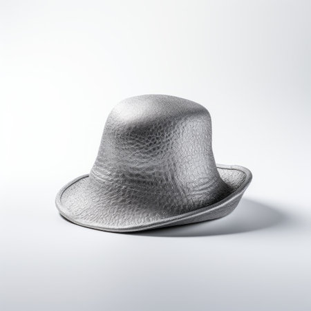a silver metal hat, inspired by the style of mike campau, is showcased on a clean white background. the hat features a textured impasto technique, reminiscent of the works of hayao miyazaki. with a limited color range, this hat captures the essence of emil carlsen's artistry. crafted from leatherhide and sculpted using zbrush, this unique piece is a true work of art. ai generatedの素材