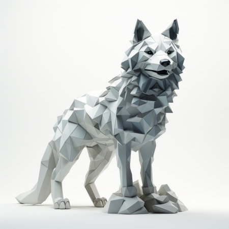 an abstract white wolf sculpture is depicted in this image, showcasing a low poly style with intricate details. the sculpture is made of rubber and features a minimalistic design, highlighted by its silver color and stark minimalism. the photographically detailed portraitures and intricately detailed patterns add depth to the overall composition. ai generatedの素材