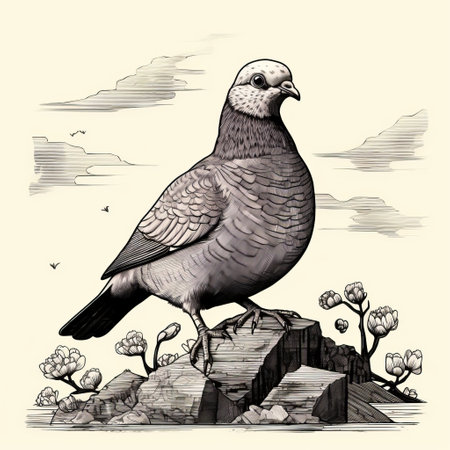 a pigeon perches on a cluster of rocks in a hyper-detailed gothic illustration. the style of the artwork is reminiscent of grisaille, showcasing realistic elements with influences from qajar art. the pigeon stands out against the flat, limited shading, creating a captivating visual representation of psychological phenomena. ai generatedの素材