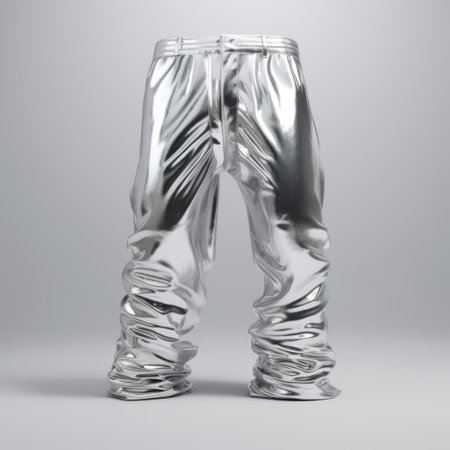 metallic vinyl pants featuring a glossy plastic pattern, rendered in 3d, are showcased in this national geographic-style photo. the twisted characters on the pants create a unique visual effect, resembling chrome-plated elements. the matte finish of the photo adds depth and enhances the overall aesthetic appeal. ai generatedの素材