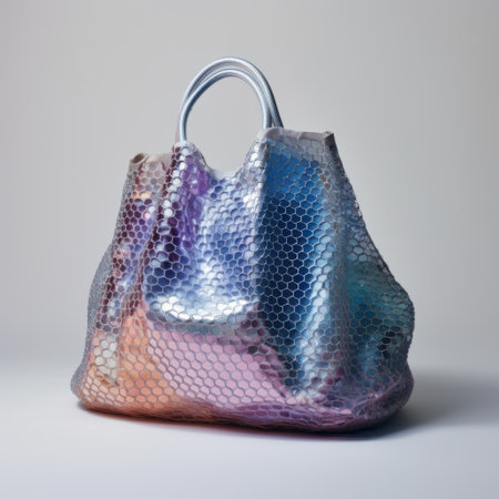 a high-resolution photo of a holophonado leather bag with a multicolored metallic skin, inspired by the styles of andreas levers, sopheap pich, and louis comfort tiffany. the bag features a beautiful combination of light indigo and pink hues, showcasing a unique play of opacity and translucency. the metallic silver accents add a touch of elegance to this eye-catching accessory. ai generatedの素材