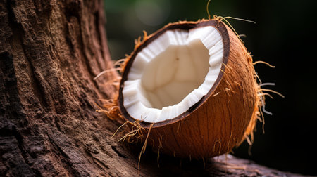 coconut shell hanging on a tree, captured using focus stacking technique. the shell showcases a combination of light brown and white colors. this high-resolution image is available under the creative commons attribution license. it has been processed by miki asai, incorporating cross-processing techniques to enhance its visual appeal. ai generatedの素材