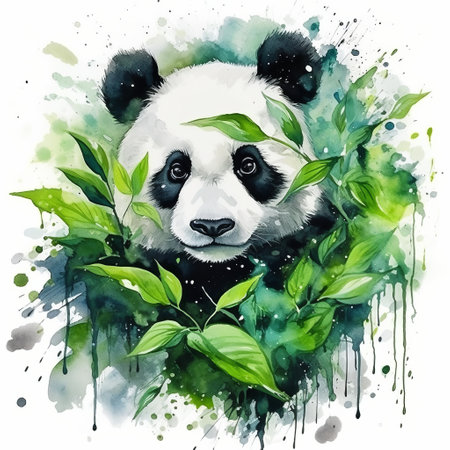 a watercolor panda in the forest, created by obamakids, showcases detailed flora and fauna. the artwork captures the raw vulnerability of the subject, combining elements of spray painted realism. the color palette predominantly features white and green tones, while the strong facial expression and high-contrast shading add depth and intensity. this captivating piece was the winner of a contest. ai generatedの素材