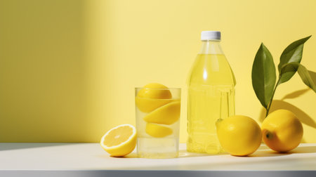 lemon juice glass and leaves on table, yellow background. serge najjar style, light yellow, light gray. carl kleiner influence, monochromatic intensity. translucent water, bright primary colors. anime-influenced. ai generatedの素材