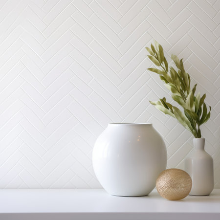 a white and gold striped backsplash for home, featuring a minimalistic indoor still life style. this uhd image showcases quirky pottery with flower and nature motifs. the shallow depth of field adds a touch of elegance, while the zigzags create a dynamic visual appeal. ai generatedの素材