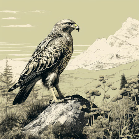 whitetailed eagle perched on a rock in a vector illustration, featuring realistic landscapes with soft colors. the artwork is inspired by silkscreen prints, hyperrealistic murals, himalayan art, detailed miniatures, swiss style, and editorial illustrations. ai generatedの素材