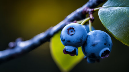 a bunch of ripe blueberries, captured with the zeiss batis 18mm f2.8 lens, showcase their vibrant dark sky-blue and amber hues. the high dynamic range of the image, achieved with the lensbaby composer pro ii and edge 50 optic, brings out eye-catching details. this photograph beautifully captures the accuracy of fauna and flora in the stunning norwegian nature. ai generatedの素材