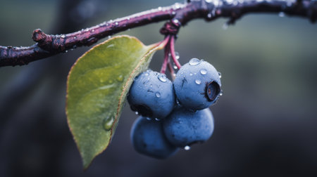 a photograph capturing the beauty of blueberries, with a water drop effect. the dark sky-blue and gray tones create a mesmerizing visual. shot with the tokina at-x 11-16mm f/2.8 pro dx ii lens, this image showcases the romanticized nature and vibrant colors found in nature-inspired installations. the dark crimson and gray hues add depth to the composition. ai generatedの素材