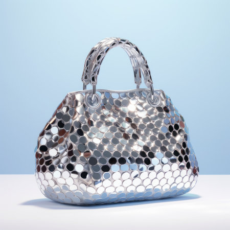a silver beaded handbag, rendered in cinema4d, featuring bold color blobs and circular shapes. this uhd image showcases vray tracing and a mosaic-like pointillism effect. the handbag's light sky-blue and light white hues add a touch of elegance to its design. ai generatedの素材