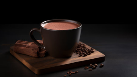 a cup of hot chocolate sits on a wooden table, surrounded by a dark gray and dark brown color scheme. the softbox lighting enhances the photorealistic pastiche of the image, showcasing its organic form. this uhd image captures the groundcore essence with exacting precision. ai generatedの素材