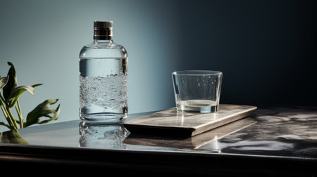 a bottle of rum and glass sit on a bed of concrete, creating a captivating kitchen still life. the image, rendered in vray tracing, showcases a mottled texture with a light blue and silver color scheme. set against the backdrop of norwegian nature, this uhd image beautifully captures the essence of inclement weather. ai generatedの素材