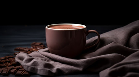 chocolate hot cocoa with chocolate pieces is beautifully presented on a towel against a black background. the image features a contrasting play of light and dark tones, enhanced by softbox lighting. with ample copy space, this uhd image captures the rich colors of light maroon and dark gray, showcasing tonal sharpness and subtle variations. ai generatedの素材