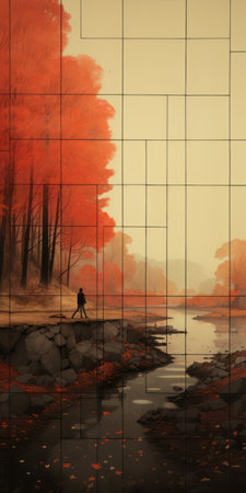 a man walks through a river in autumn, captured in a minimalist grid style reminiscent of alejandro burdisio's work. the image features puzzle-like elements with vibrant red and orange hues, creating a panoramic scale. the scene evokes a sense of romance and is reminiscent of large-scale murals and romantic illustrations. ai generatedの素材