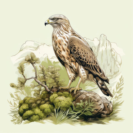 hawk perched on a rock amidst a backdrop of trees, resembling intricate botanical illustrations. the scene captures the essence of mountainous vistas and scientific illustrations, with a color palette dominated by light brown and green hues. the artwork showcases a saturated color field, reminiscent of painted illustrations, with a blend of light brown and gray tones. ai generatedの素材