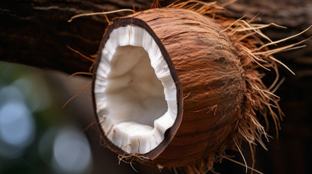 a coconut on a branch, showcasing its full shell and texture-rich layers. this photo, captured using focus stacking, features a combination of light maroon and white hues. packed with hidden details, the solid and structured coconut exhibits dark orange and white colors, along with layered fibers. ai generatedの素材