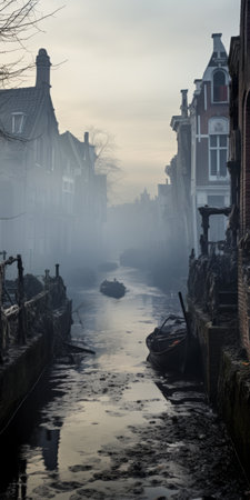 a quiet canal, reminiscent of gauzy atmospheric landscapes and melancholic cityscapes, is lined with trees. this scene evokes gothic references and dutch tradition, while also showcasing narrative-driven visual storytelling. the mist adds a touch of caravaggesque ambiance to this captivating image. ai generatedの素材
