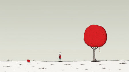 a man wearing a suit stands against a minimalist background with a red and black tree. the cartoonish innocence of the scene is highlighted by the desolate landscapes and children's book illustration style. with a resolution of 3840x2160, this image captures the meeting point of humor and heart through its cartoonish figures. ai generatedの素材