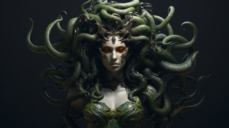 a dark green, highly detailed rubber mermaid with a long head adorned with tentacles is depicted in this baroque sci-fi inspired image. created using vray tracing, the mermaid is surrounded by realistic foliage, showcasing intense close-ups and intricate details. ai generatedの素材