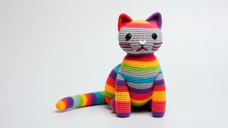 a crocheted rainbow cat, featuring a striped pattern and intricate details, is showcased on a white background. this unique creation embodies the 20th-century scandinavian style with its tonal variations in color, incorporating light magenta and dark gray. crafted with precious materials, this cat exudes a charming and artistic appeal. ai generatedの素材