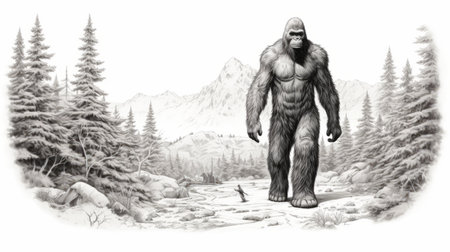 a realistic and hyper-detailed black and white drawing of bigfoot in the mountains. this full-body depiction showcases the legendary creature in a comic art style, with intricate renderings that bring out its mysterious nature. the use of rtx technology adds depth and realism to the image, while street art characters and hints of ivory add an artistic touch. ai generatedの素材
