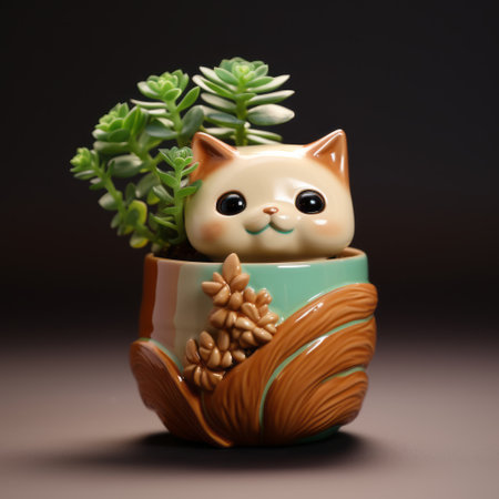 a cat sculpture sits in a pot surrounded by plants, resembling charming anime characters. the sculpture is light brown and emerald, with hyper-realistic animal illustrations. the image, captured with a canon 50mm f095 lens, is ultra-high definition (uhd). the sculpture showcases asian-inspired motifs and inventive character designs. ai generatedの素材
