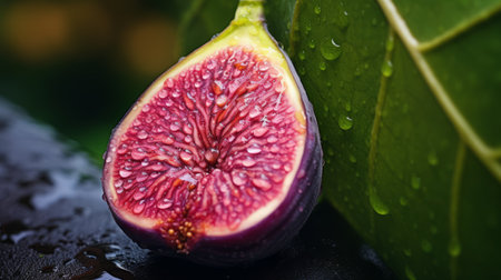 a fruit with raindrops, like a fig, is captured in this photo. the dark magenta and beige tones create a precise and lifelike image, while the dark orange and light green add a singular focus. the dark magenta and white accents enhance the nature-inspired imagery, resulting in a hard-edge composition. ai generatedの素材