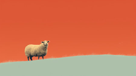 an artist stands on a slope with a sheep in the background. this photo captures the essence of color field minimalism, with digitally enhanced details. the 32k uhd resolution showcases the realistic and detailed rendering of the scene. inspired by robert bevan, the image combines elements of graphic minimalism in stunning 8k resolution. ai generatedの素材