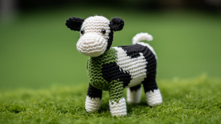 crocheted cow and sheep pattern in the style of fujifilm xf 56mm f12 r. this light black and green photo, taken with nikon d750, showcases the organic movement of the rubber-made animals. their smooth and shiny texture highlights the traditional craftsmanship involved in creating these adorable crochet designs. ai generatedの素材