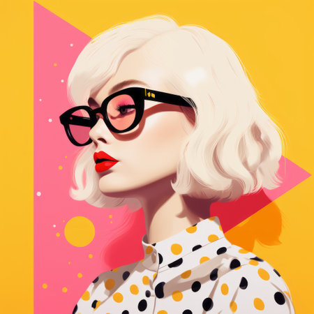 a girl with glasses on her face is adorned with vibrant, retro-inspired dots in the style of ilya kuvshinov. the artwork showcases a charming character illustration with bold shapes and a retro glamour feel. the light yellow and crimson colors add a touch of vibrancy to this high-resolution image. ai generatedの素材