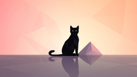 a cat stands in front of a pyramid on a pink background. the photo features a dark palette, low poly style, and abstract minimalism. it appeals to appreciators of minimalist landscapes, dark reflections, clean minimalist lines, and flattened perspective. ai generatedの素材