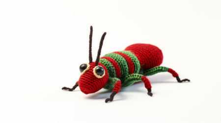 crocheted bug toy by karen kristie, featuring traditional african art style. made from cute and colorful materials in light red and dark emerald shades. the bug has striped patterns, elongated body, and toy-like proportions. the photo showcases the bug with a low depth of field, highlighting its intricate details. ai generatedの素材