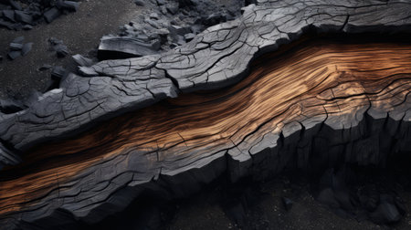 aerial view photo shoot of the desert showcasing stunning high definition photography. the image captures the unique beauty of the landscape with its varying wood grains, dark gray and orange hues. the burned and charred elements add a touch of intrigue, while the 32k uhd resolution brings out every detail. the fluid form and energy-filled illustrations make this photo truly captivating. ai generatedの素材
