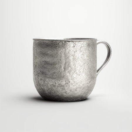 silver mug with cutout detail, featuring realistic and naturalistic textures. this exquisite piece, rendered in maya and adox silvermax, showcases a rough texture reminiscent of the traditional craftsmanship of pieter jansz saenredam. with its rounded shape and intricate design, this mug is a true work of art. ai generatedの素材