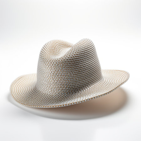 a 3d hat model in shimmering metallics, featuring intricate hatching and a white color palette. this hat, inspired by cowboy imagery, showcases streamlined forms and is made from natural fibers. captured with a fujifilm x-t4 camera and edited using rollei prego 90. ai generatedの素材