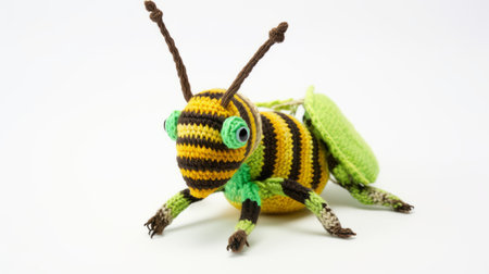 crocheted bug with red and yellow heads, in the style of amedee ozenfant. the bug is green and black, with striped patterns in light purple and light brown. it has naturalistic proportions and is created by elke vogelsang. this unique creation by jarosaw janikowski showcases intricate crochet work and vibrant colors. ai generatedの素材