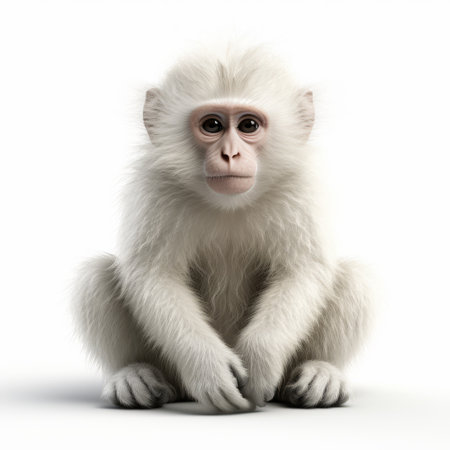 a white monkey sits on a white background in this digitally enhanced photo. the vray tracing style, precisionism influence, and realistic rendering bring out the character design of the monkey. this national geographic photo is available under the creative commons attribution license. ai generatedの素材
