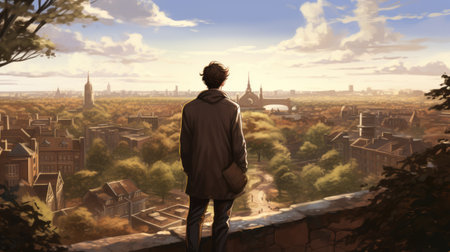 a man gazes at the panoramic view of the city and countryside, depicted in the captivating style of anime art. the scene is reminiscent of classic academia, with a touch of supernatural realism. the illustration showcases the intricate details of victorian-inspired elements, enhanced by the warm tones of light brown, creating a pseudo-realistic ambiance. ai generatedの素材