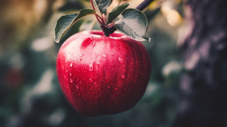 a red apple hangs on a branch in the sunlight, showcasing the wet-on-wet blending technique. the colors of light navy and light maroon create a poetcore aesthetic, while dark pink and dark green add depth. the image captures the exacting precision of the apple's details, revealing its honest and raw beauty. the apple appears smooth and shiny, inviting a closer look. ai generatedの素材