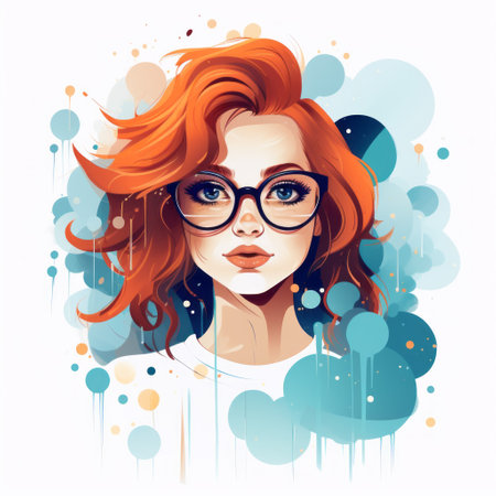 a girl with glasses is depicted against a vibrant colored background, showcasing fluid brushwork. the artwork features a combination of light indigo and orange tones, with intricate character design. the portrait is adorned with dotted patterns in red and aquamarine, creating a unique monochrome effect. the overall composition is enhanced by skillful airbrushing techniques. ai generatedの素材