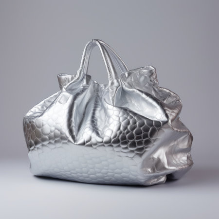 a silver handbag featuring a tassel in the middle, inspired by the artistic styles of adam martinakis, jun kaneko, and louise bourgeois. the bag has a crumpled texture and is captured in stunning 32k uhd resolution. its monochromatic color scheme and reflex reflections add a touch of elegance and sophistication. ai generatedの素材