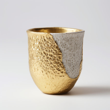 a gold-colored cup, inspired by contrasting textures, is placed on a smooth white surface. this artistic composition draws influences from suehiro maruo, hurufiyya, dark white, light silver, nell dorr, simeon solomon, and the concept of melting. ai generatedの素材