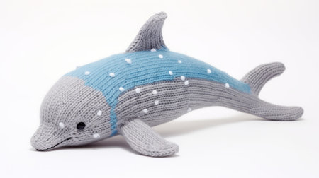 whale toy featuring light blue and white stripes, adorned with confetti-like dots in nature-based patterns. the design showcases a combination of gray and azure colors, creating a stark realism effect. inspired by the quito school, this dotted whale toy stands out with its bold patterns. ai generatedの素材