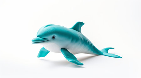 a toy dolphin is showcased on a white background, featuring a captivating blend of dark turquoise and light white hues. this high-resolution image, captured with a fujifilm xf 56mm f12 r lens, showcases the artistic style of patricia piccinini. the award-winning photograph boasts soft shading, with hints of light orange and sky-blue tones. ai generatedの素材